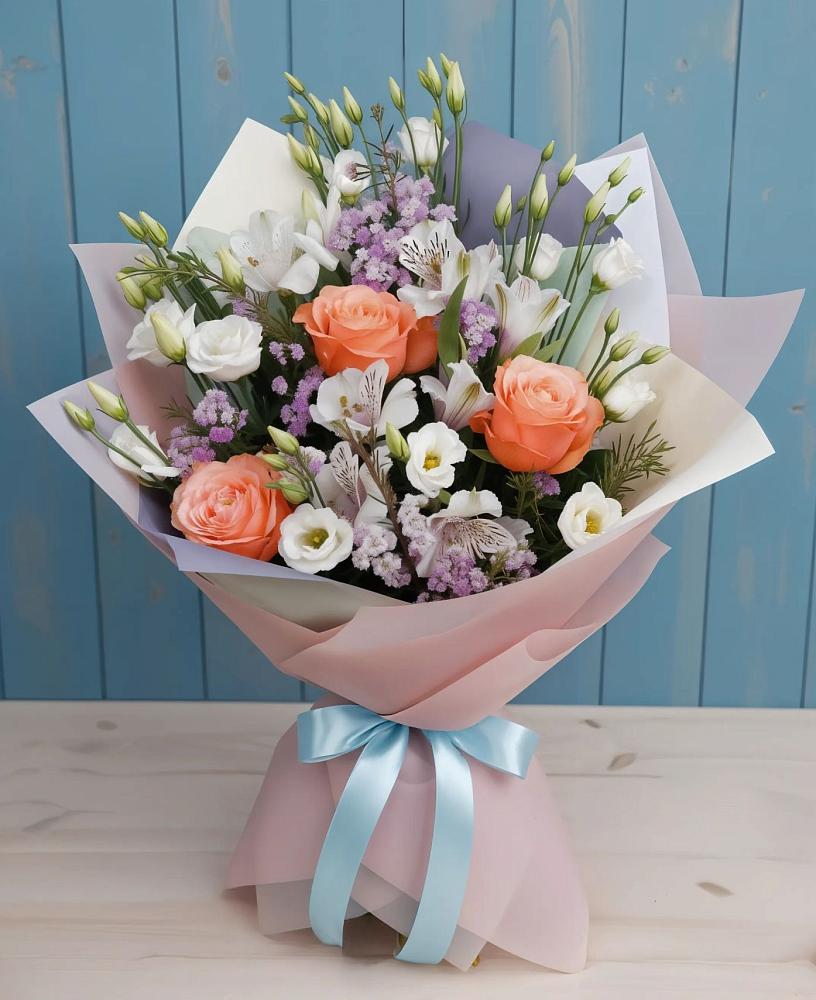 Букет цветов из: Лизиантусы, Розы, Альстромерии и Гипсофила в Таврическом